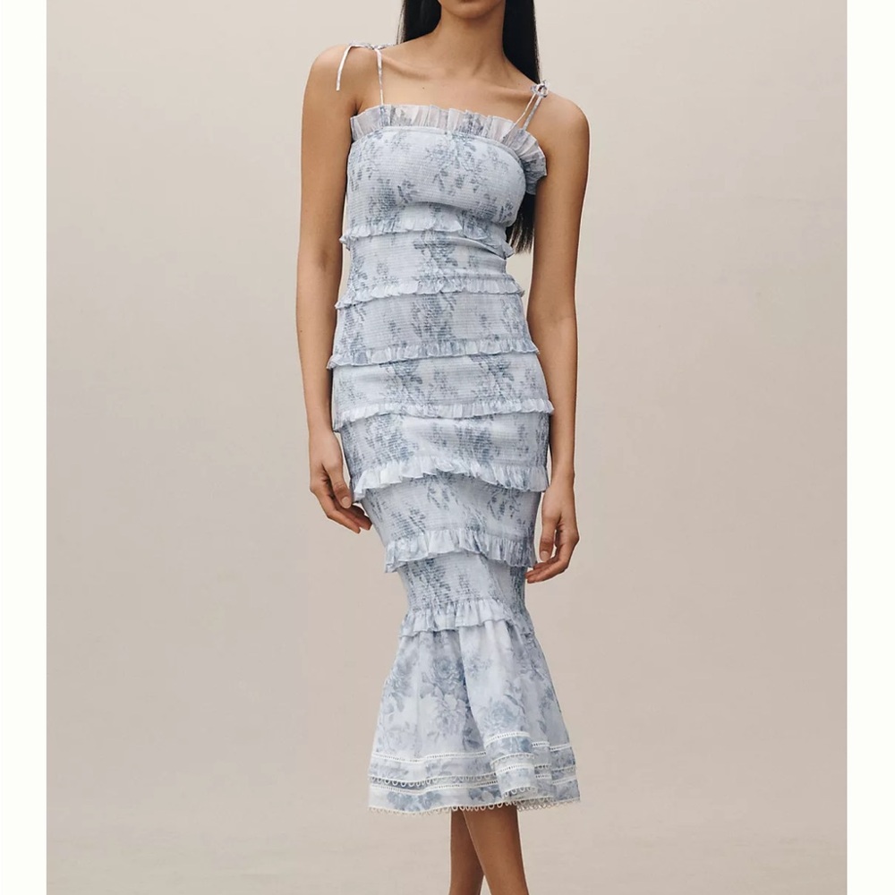 V. Chapman Blue and White Ruched Bodycon Midi Dress